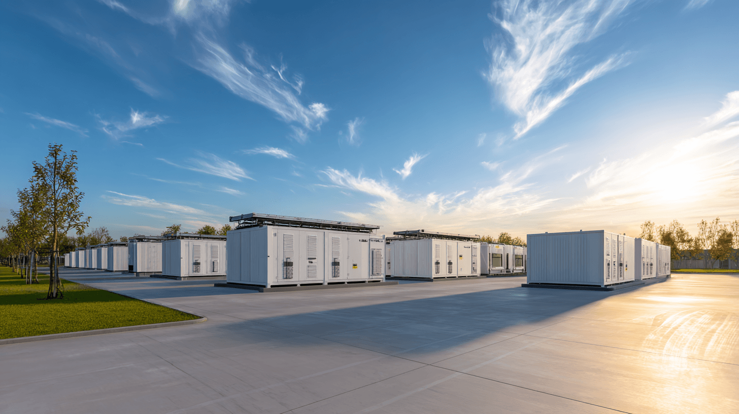 Battery energy storage facility at golden hour — powering a sustainable future